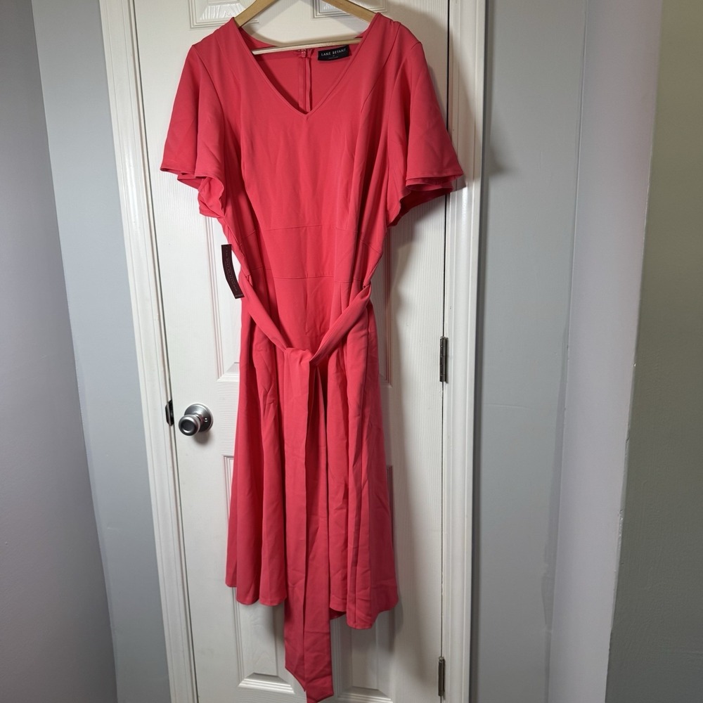 Lane Bryant Pink V Neck 22 2x Fit & Flare Midi Dress Tie Back Flutter Sleeve NWT